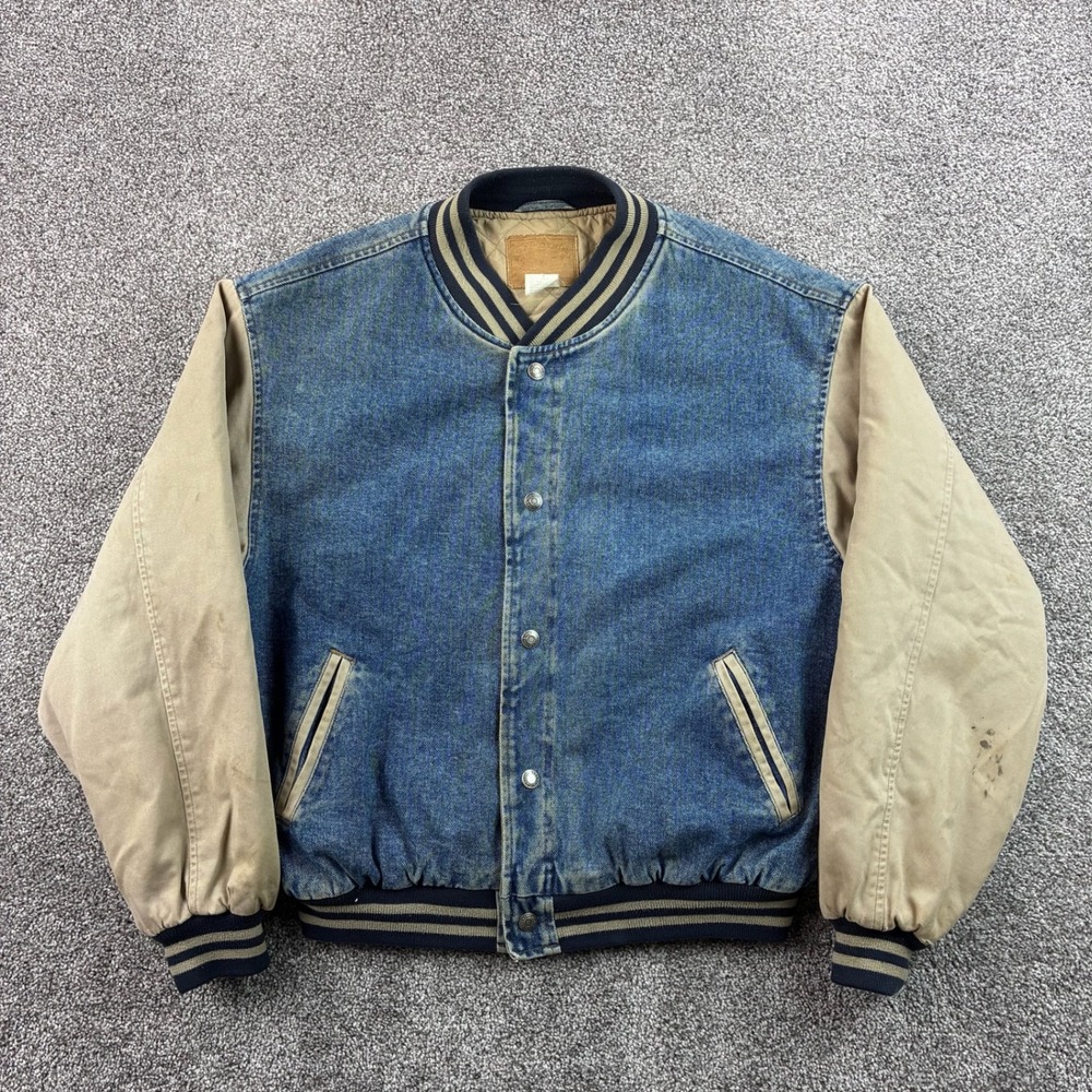 Vintage GAP Denim Varsity Jacket Mens Large Blue Tan Cotton Bomber Snap
